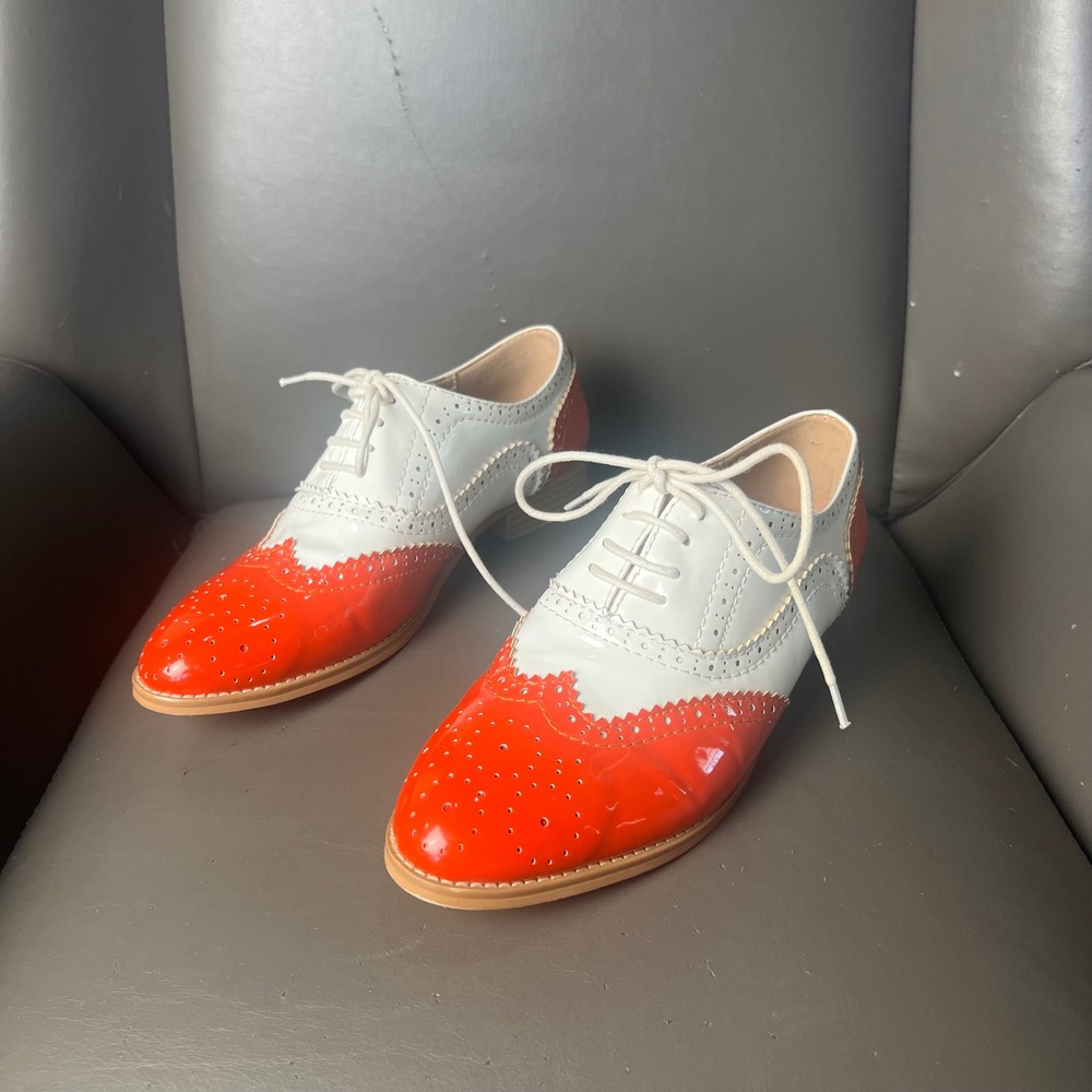 French Blu Women Oxford Wingtip Brogue Shoes Orange White Patent Leather Size 39